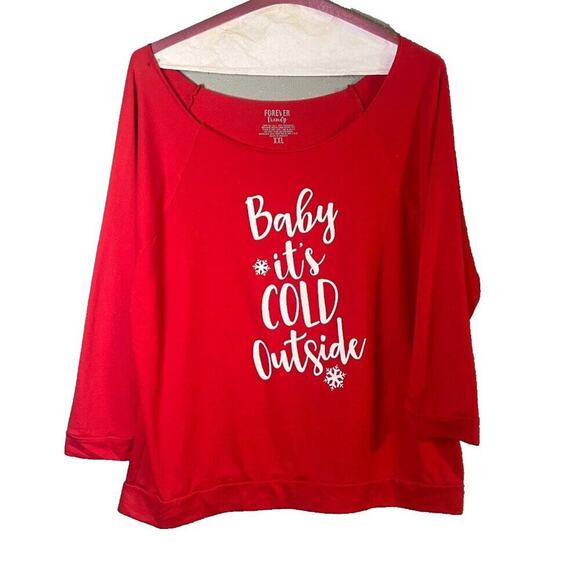 Trendy Tops - Forever Trendy Red Sweatshirt "Baby its Cold Outside" in white Collarless XXL